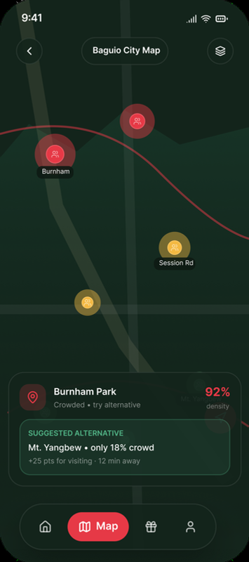 Navica's Map screen: a map of Baguio with crowd pins, and a card for Burnham Park at 92% density suggesting Mt. Yangbew instead.