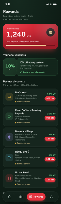 Navica's Rewards screen: a balance of 1,240 points, a 10% eco-voucher, and 5% or 10% off at five sample partner businesses for 150 or 300 points.