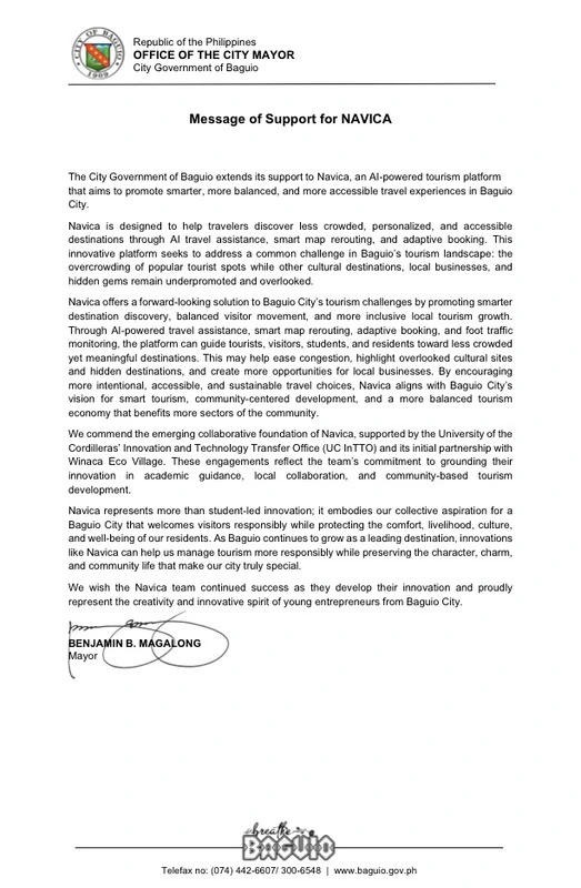 The Mayor's Message of Support for NAVICA: one page on the Office of the City Mayor's letterhead, signed by Benjamin B. Magalong. Its full text is printed beside it.